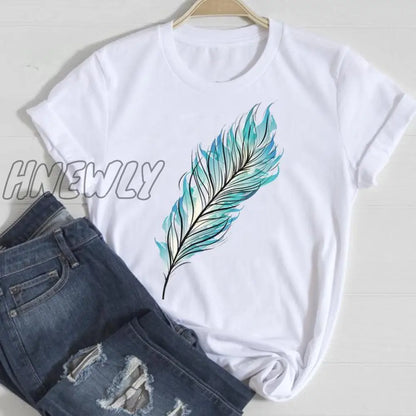 Hnewly Women Short Sleeve Feather 90s Style Fashion Cartoon Summer Graphic T Top Lady Print Tee Female Tshirts Clothes T-Shirt