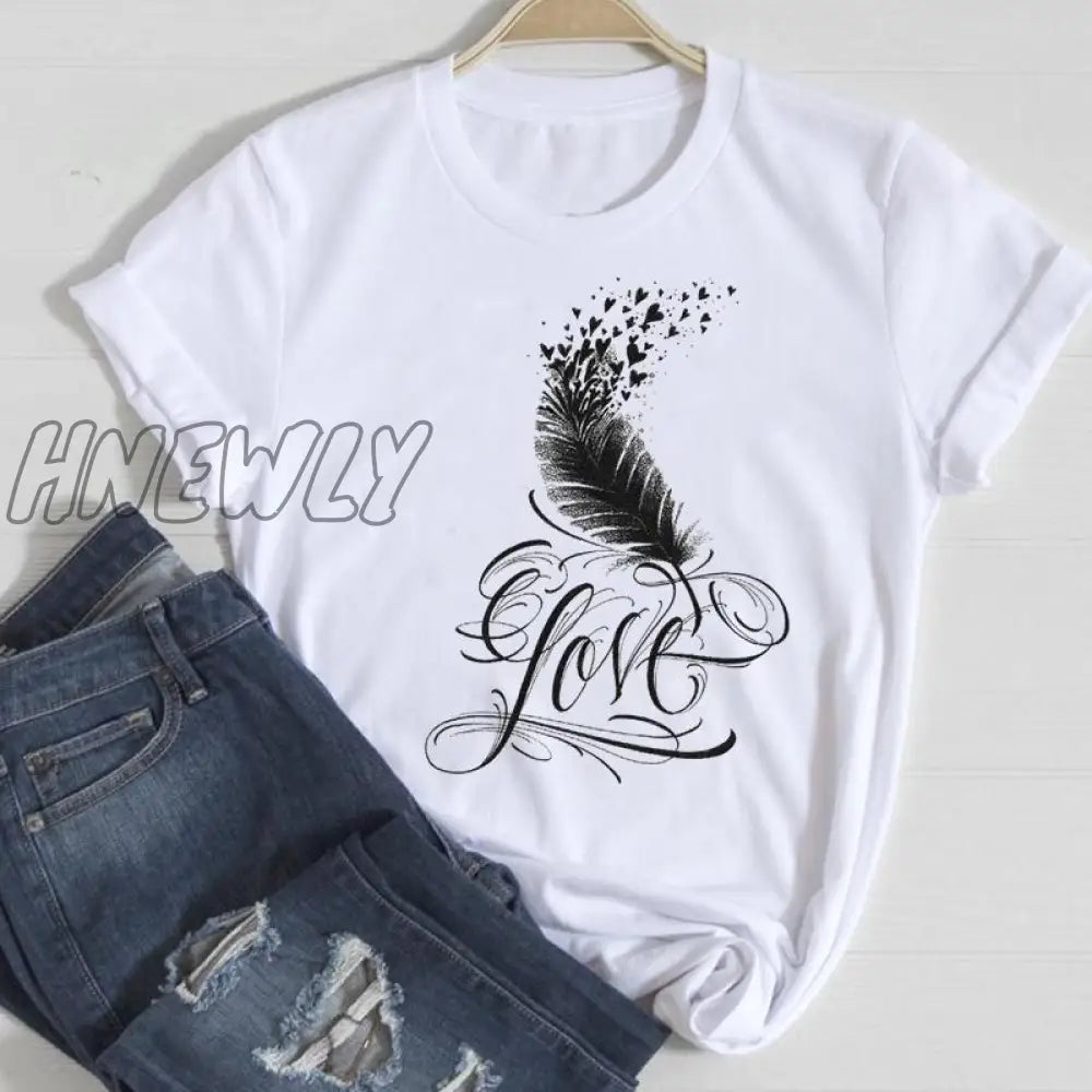 Hnewly Women Short Sleeve Feather 90s Style Fashion Cartoon Summer Graphic T Top Lady Print Tee Female Tshirts Clothes T-Shirt