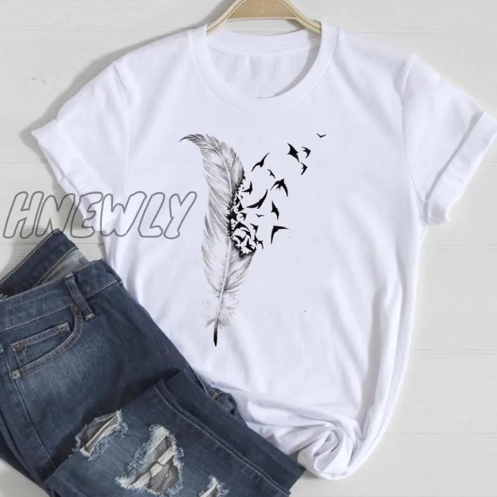 Hnewly Women Short Sleeve Feather 90s Style Fashion Cartoon Summer Graphic T Top Lady Print Tee Female Tshirts Clothes T-Shirt