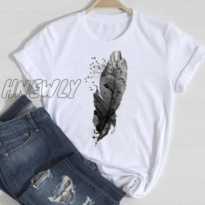 Hnewly Women Short Sleeve Feather 90s Style Fashion Cartoon Summer Graphic T Top Lady Print Tee Female Tshirts Clothes T-Shirt