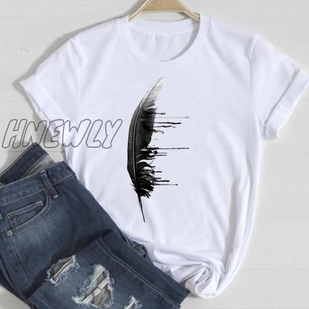 Hnewly Women Short Sleeve Feather 90s Style Fashion Cartoon Summer Graphic T Top Lady Print Tee Female Tshirts Clothes T-Shirt