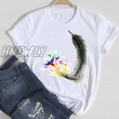 Hnewly Women Short Sleeve Feather 90s Style Fashion Cartoon Summer Graphic T Top Lady Print Tee Female Tshirts Clothes T-Shirt