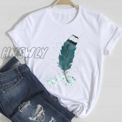 Hnewly Women Short Sleeve Feather 90s Style Fashion Cartoon Summer Graphic T Top Lady Print Tee Female Tshirts Clothes T-Shirt