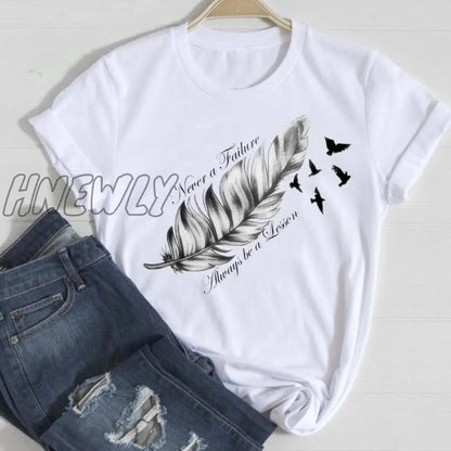 Hnewly Women Short Sleeve Feather 90s Style Fashion Cartoon Summer Graphic T Top Lady Print Tee Female Tshirts Clothes T-Shirt