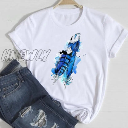 Hnewly Women Short Sleeve Feather 90s Style Fashion Cartoon Summer Graphic T Top Lady Print Tee Female Tshirts Clothes T-Shirt