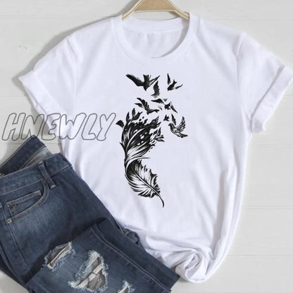 Hnewly Women Short Sleeve Feather 90s Style Fashion Cartoon Summer Graphic T Top Lady Print Tee Female Tshirts Clothes T-Shirt