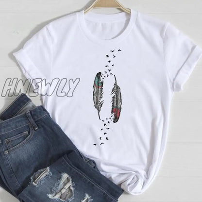 Hnewly Women Short Sleeve Feather 90s Style Fashion Cartoon Summer Graphic T Top Lady Print Tee Female Tshirts Clothes T-Shirt