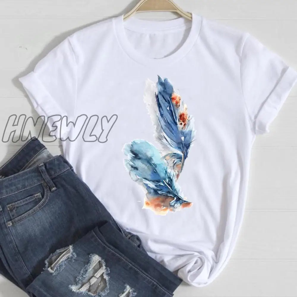 Hnewly Women Short Sleeve Feather 90s Style Fashion Cartoon Summer Graphic T Top Lady Print Tee Female Tshirts Clothes T-Shirt