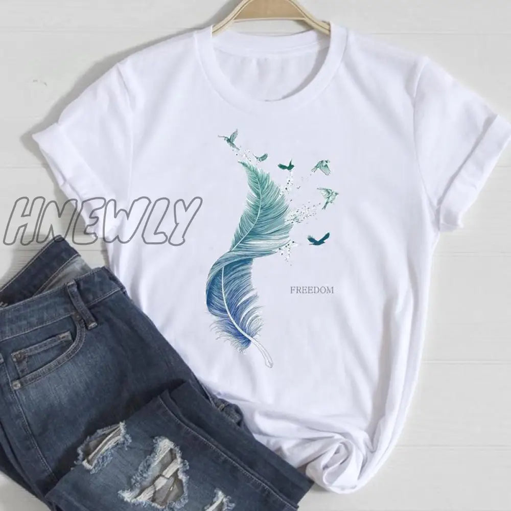 Hnewly Women Short Sleeve Feather 90s Style Fashion Cartoon Summer Graphic T Top Lady Print Tee Female Tshirts Clothes T-Shirt