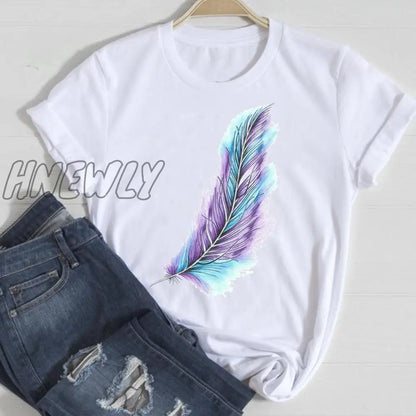 Hnewly Women Short Sleeve Feather 90s Style Fashion Cartoon Summer Graphic T Top Lady Print Tee Female Tshirts Clothes T-Shirt