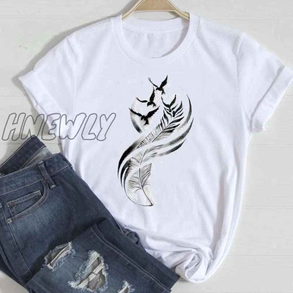 Hnewly Women Short Sleeve Feather 90s Style Fashion Cartoon Summer Graphic T Top Lady Print Tee Female Tshirts Clothes T-Shirt