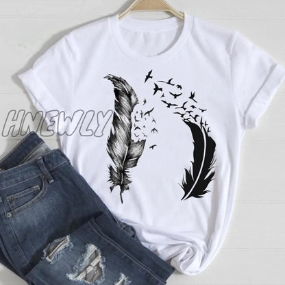 Hnewly Women Short Sleeve Feather 90s Style Fashion Cartoon Summer Graphic T Top Lady Print Tee Female Tshirts Clothes T-Shirt