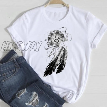 Hnewly Women Short Sleeve Feather 90s Style Fashion Cartoon Summer Graphic T Top Lady Print Tee Female Tshirts Clothes T-Shirt