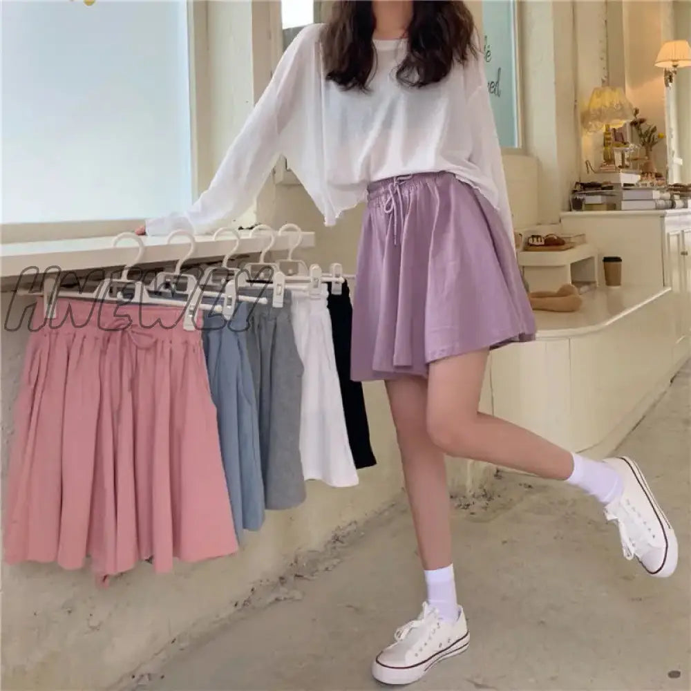 Hnewly Women Shorts Wide Leg Chic Draped Comfort Summer Loose Leisure Korean Style Bottom Drawstring Pockets New Simple High Waist