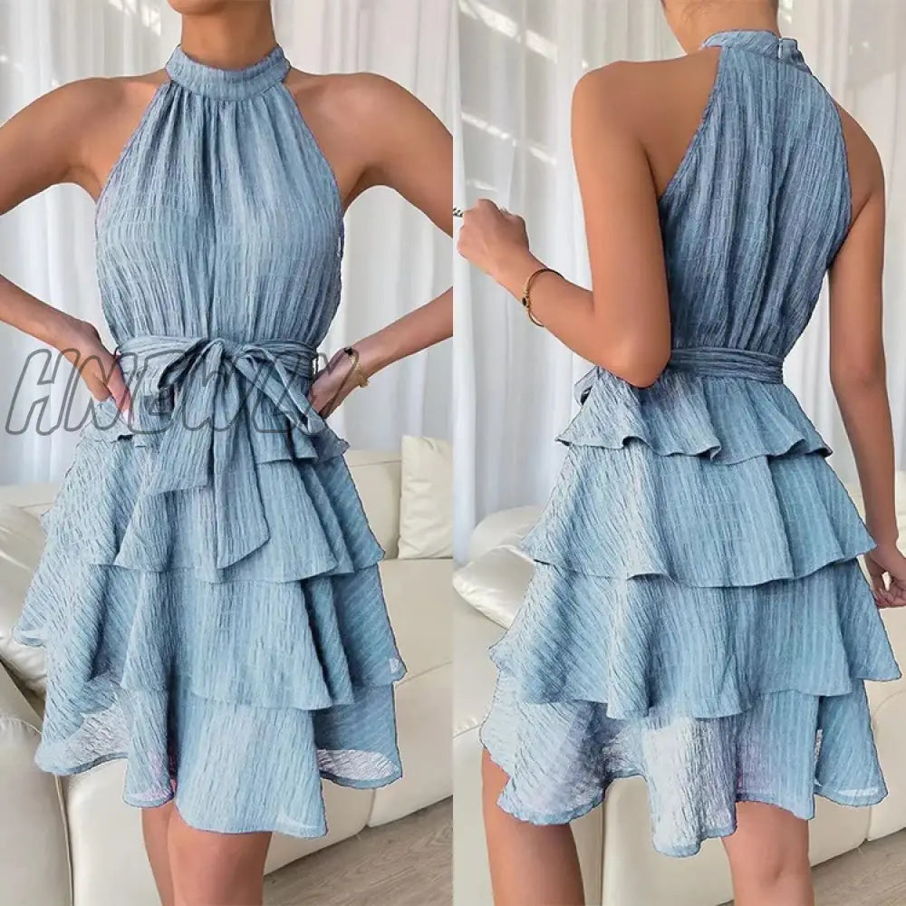 xsrrr Women Soild Ruffle Design Dress Halter Neck Dress Casual Sweet Style Dress Grace Sleeveless Dress Women Summer Dress