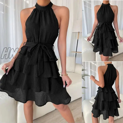 xsrrr Women Soild Ruffle Design Dress Halter Neck Dress Casual Sweet Style Dress Grace Sleeveless Dress Women Summer Dress