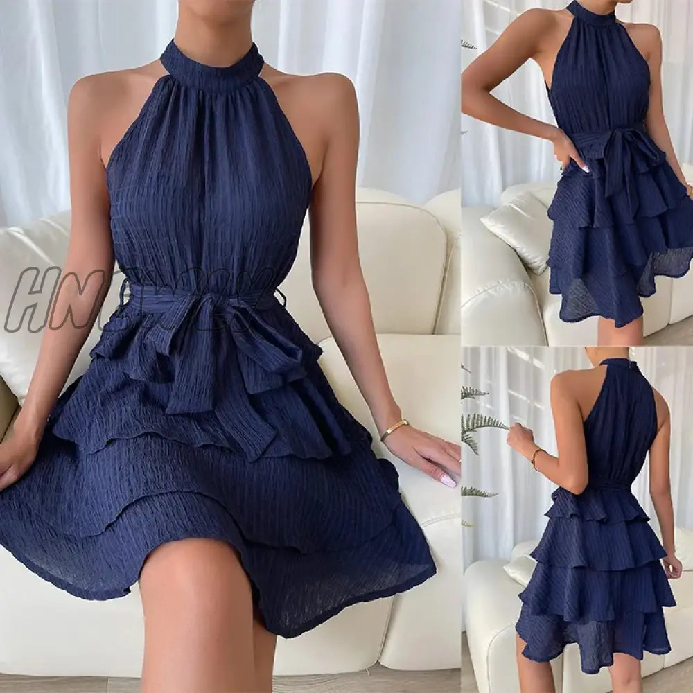 xsrrr Women Soild Ruffle Design Dress Halter Neck Dress Casual Sweet Style Dress Grace Sleeveless Dress Women Summer Dress