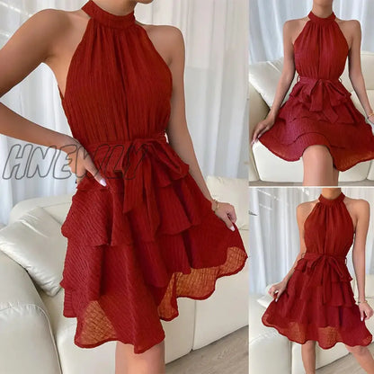 xsrrr Women Soild Ruffle Design Dress Halter Neck Dress Casual Sweet Style Dress Grace Sleeveless Dress Women Summer Dress