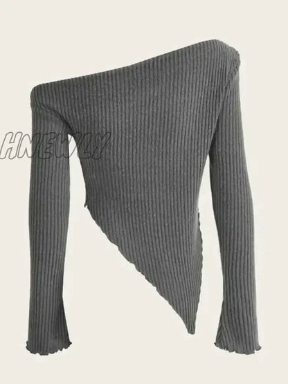 xsrrr Women Solid Autumn Winter Grunge Asymmetrical Neck Rib-knit Tee Strapless Blouse Long Sleeve Casual Sweater Handkerchief Hem