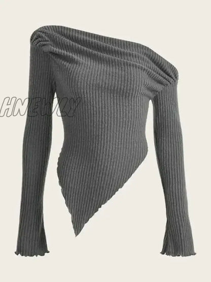 xsrrr Women Solid Autumn Winter Grunge Asymmetrical Neck Rib-knit Tee Strapless Blouse Long Sleeve Casual Sweater Handkerchief Hem