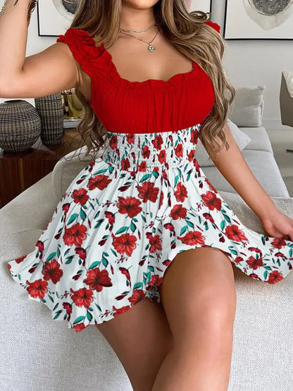 xsrrr Women Square Collar Floral Print Mini Dress Summer Sexy Slash Neck Sleeveless Party Dress Elegant Ruffle Pleated Beach Dresses