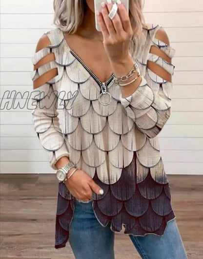 xsrrr Women Strapless V Neck Print Sexy Deep Low Cut Tops Blouse Shirt Out Zipper Long Sleeve Casual Pullover Summer Plus Size Blusa