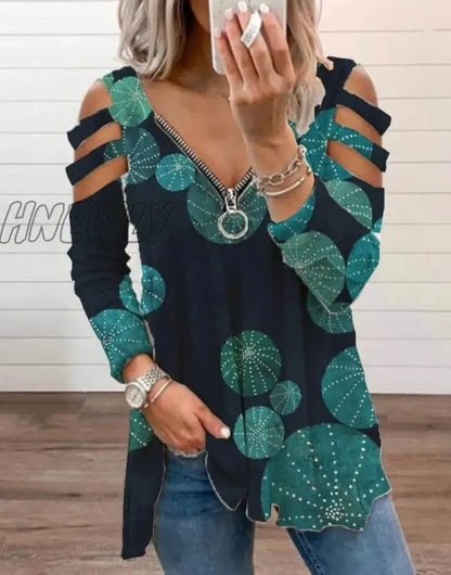 xsrrr Women Strapless V Neck Print Sexy Deep Low Cut Tops Blouse Shirt Out Zipper Long Sleeve Casual Pullover Summer Plus Size Blusa