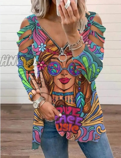 xsrrr Women Strapless V Neck Print Sexy Deep Low Cut Tops Blouse Shirt Out Zipper Long Sleeve Casual Pullover Summer Plus Size Blusa