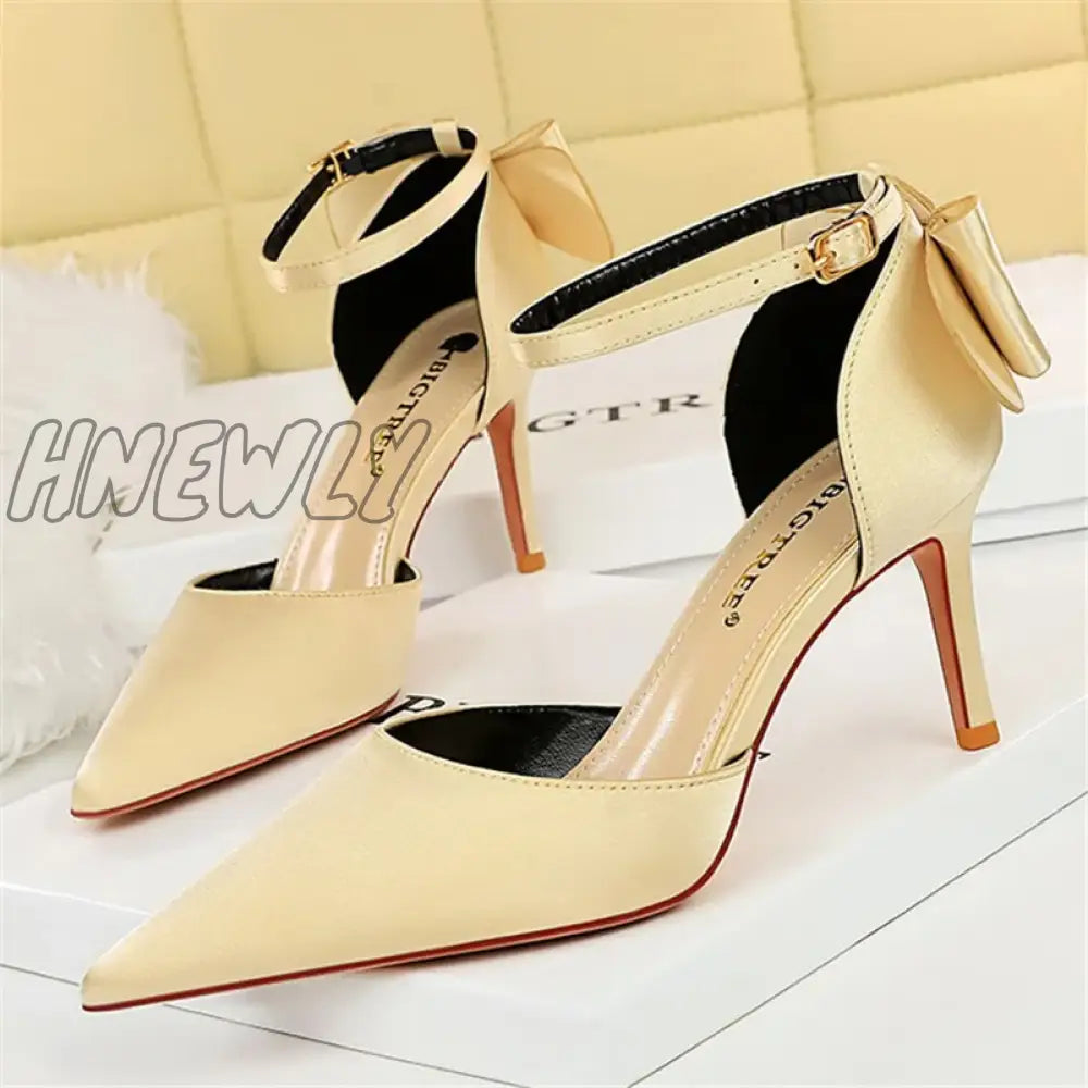 Hnewly Women Summer 8cm 10cm High Heels Elegant Sandals Lady Silk Wedding Low Heels Butterfly Knot Bow Sandles Wine Red Bigtree Shoes