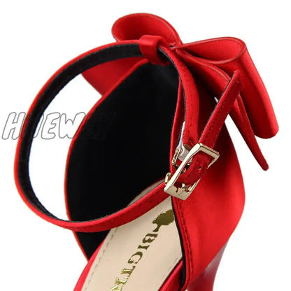 Hnewly Women Summer 8cm 10cm High Heels Elegant Sandals Lady Silk Wedding Low Heels Butterfly Knot Bow Sandles Wine Red Bigtree Shoes