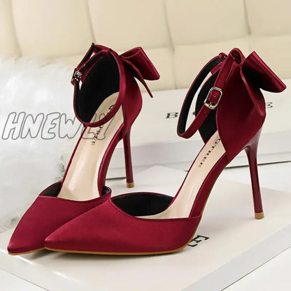 Hnewly Women Summer 8cm 10cm High Heels Elegant Sandals Lady Silk Wedding Low Heels Butterfly Knot Bow Sandles Wine Red Bigtree Shoes