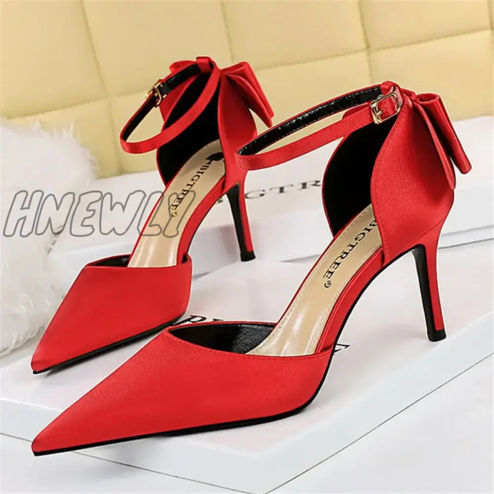 Hnewly Women Summer 8cm 10cm High Heels Elegant Sandals Lady Silk Wedding Low Heels Butterfly Knot Bow Sandles Wine Red Bigtree Shoes