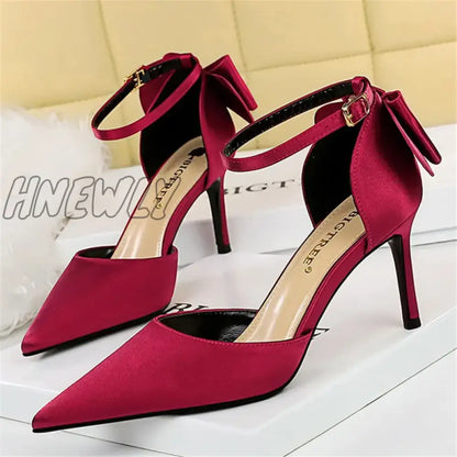 Hnewly Women Summer 8cm 10cm High Heels Elegant Sandals Lady Silk Wedding Low Heels Butterfly Knot Bow Sandles Wine Red Bigtree Shoes