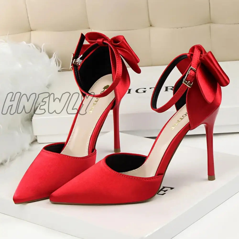 Hnewly Women Summer 8cm 10cm High Heels Elegant Sandals Lady Silk Wedding Low Heels Butterfly Knot Bow Sandles Wine Red Bigtree Shoes