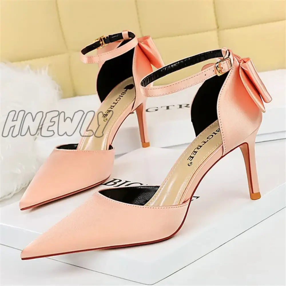 Hnewly Women Summer 8cm 10cm High Heels Elegant Sandals Lady Silk Wedding Low Heels Butterfly Knot Bow Sandles Wine Red Bigtree Shoes