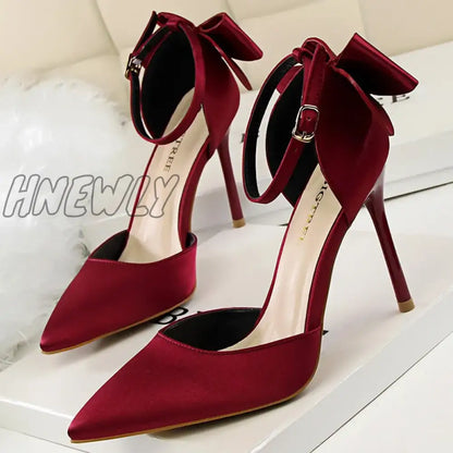 Hnewly Women Summer 8cm 10cm High Heels Elegant Sandals Lady Silk Wedding Low Heels Butterfly Knot Bow Sandles Wine Red Bigtree Shoes