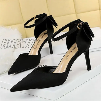 Hnewly Women Summer 8cm 10cm High Heels Elegant Sandals Lady Silk Wedding Low Heels Butterfly Knot Bow Sandles Wine Red Bigtree Shoes