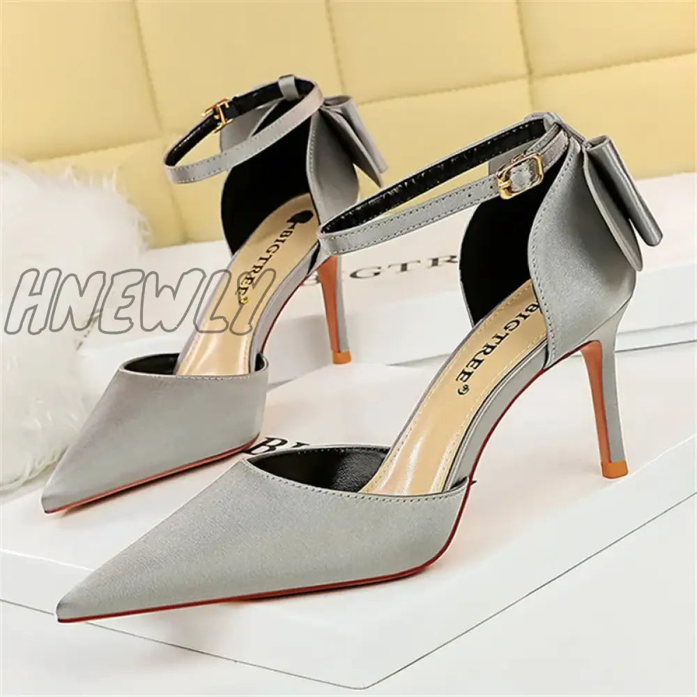 Hnewly Women Summer 8cm 10cm High Heels Elegant Sandals Lady Silk Wedding Low Heels Butterfly Knot Bow Sandles Wine Red Bigtree Shoes