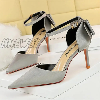 Hnewly Women Summer 8cm 10cm High Heels Elegant Sandals Lady Silk Wedding Low Heels Butterfly Knot Bow Sandles Wine Red Bigtree Shoes