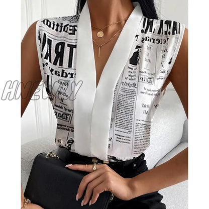 xsrrr Women Summer Fashion Female Top Nespaper Print V neck Long Sleevless Casual Blouse Tops Chic Work Outfits Women