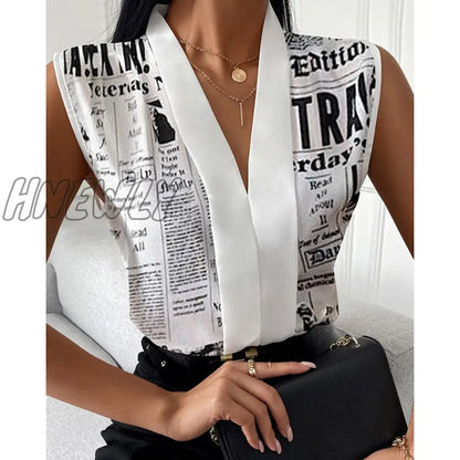 xsrrr Women Summer Fashion Female Top Nespaper Print V neck Long Sleevless Casual Blouse Tops Chic Work Outfits Women