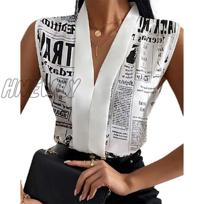 xsrrr Women Summer Fashion Female Top Nespaper Print V neck Long Sleevless Casual Blouse Tops Chic Work Outfits Women