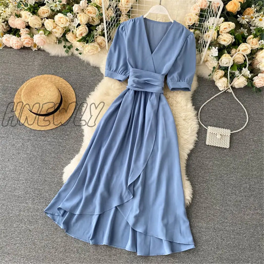 xsrrr Women Summer Midi French Dress Sweet V-Neck Puff Sleeve High Waist Elegant Solid Woman Dresses Female Clothing New Year