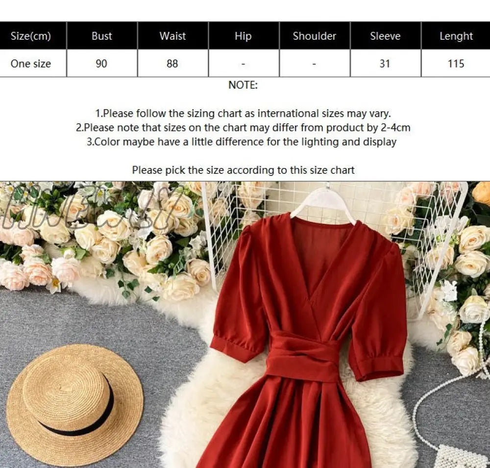 xsrrr Women Summer Midi French Dress Sweet V-Neck Puff Sleeve High Waist Elegant Solid Woman Dresses Female Clothing New Year