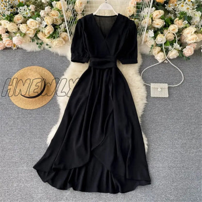 xsrrr Women Summer Midi French Dress Sweet V-Neck Puff Sleeve High Waist Elegant Solid Woman Dresses Female Clothing New Year