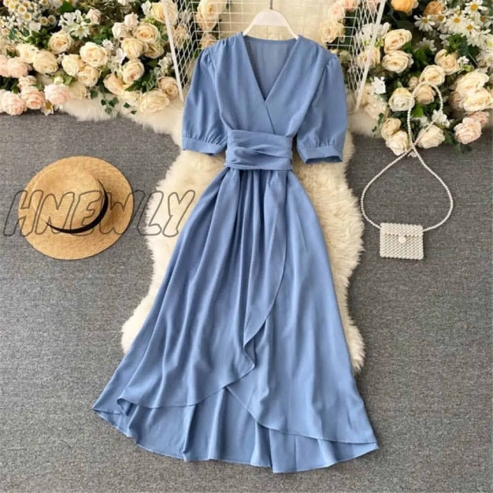 xsrrr Women Summer Midi French Dress Sweet V-Neck Puff Sleeve High Waist Elegant Solid Woman Dresses Female Clothing New Year