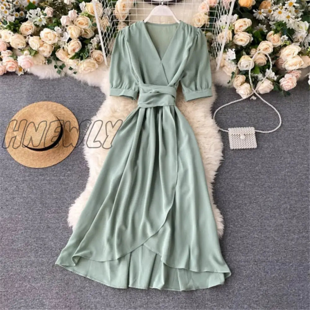 xsrrr Women Summer Midi French Dress Sweet V-Neck Puff Sleeve High Waist Elegant Solid Woman Dresses Female Clothing New Year