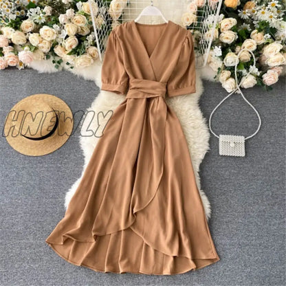 xsrrr Women Summer Midi French Dress Sweet V-Neck Puff Sleeve High Waist Elegant Solid Woman Dresses Female Clothing New Year