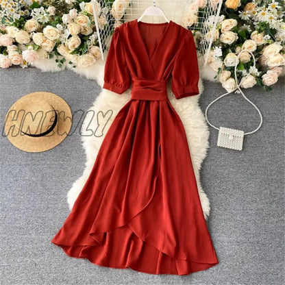 xsrrr Women Summer Midi French Dress Sweet V-Neck Puff Sleeve High Waist Elegant Solid Woman Dresses Female Clothing New Year