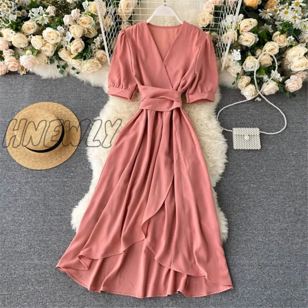 xsrrr Women Summer Midi French Dress Sweet V-Neck Puff Sleeve High Waist Elegant Solid Woman Dresses Female Clothing New Year